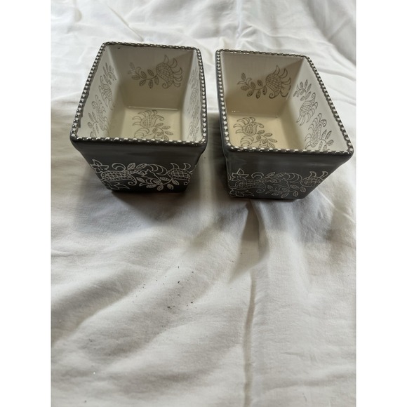 Baum Bros Other - Baum Gray Floral Stoneware Mini Loaf Pans Set of‎ 2 Oven Safe Beaded Rim Modern
